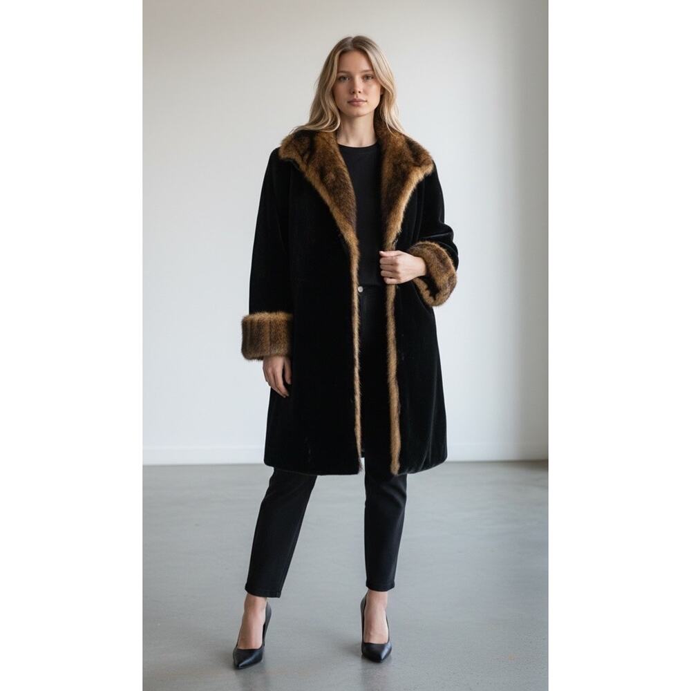 STUNNING Faux FUR Coat Black With Brown Collar Sleeve Accents Size S